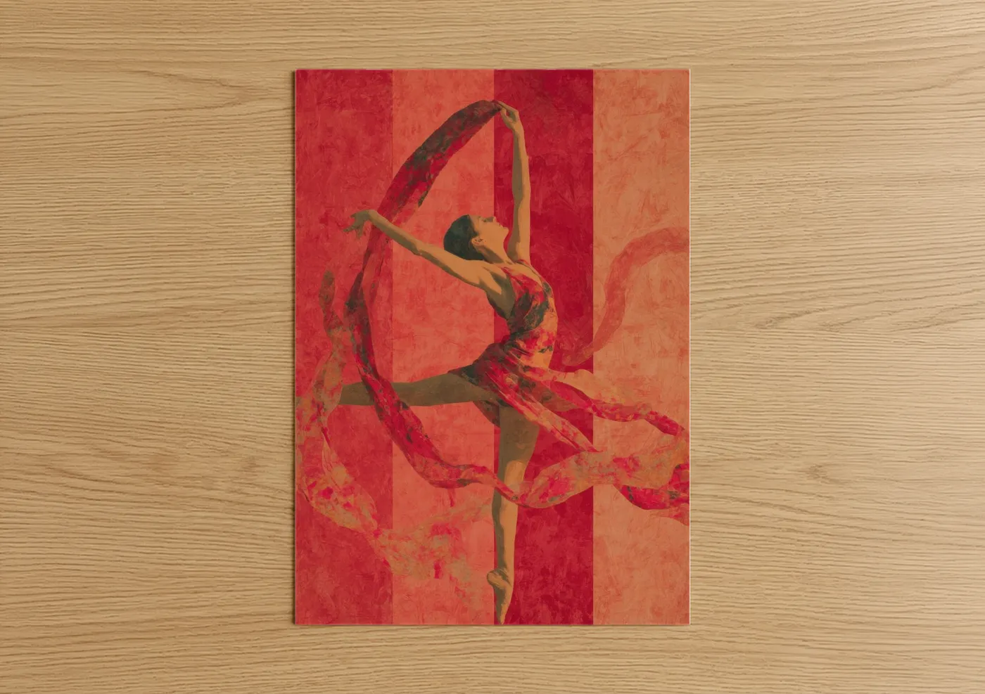 Fitness yoga art print on warm oak wood — red and orange palette — Crimson Ballet Leap poster