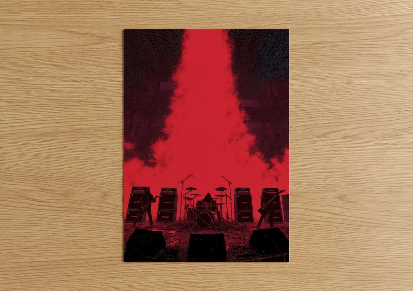 Death metal art print on warm oak wood — red and black palette — Crimson Stage Rebellion poster