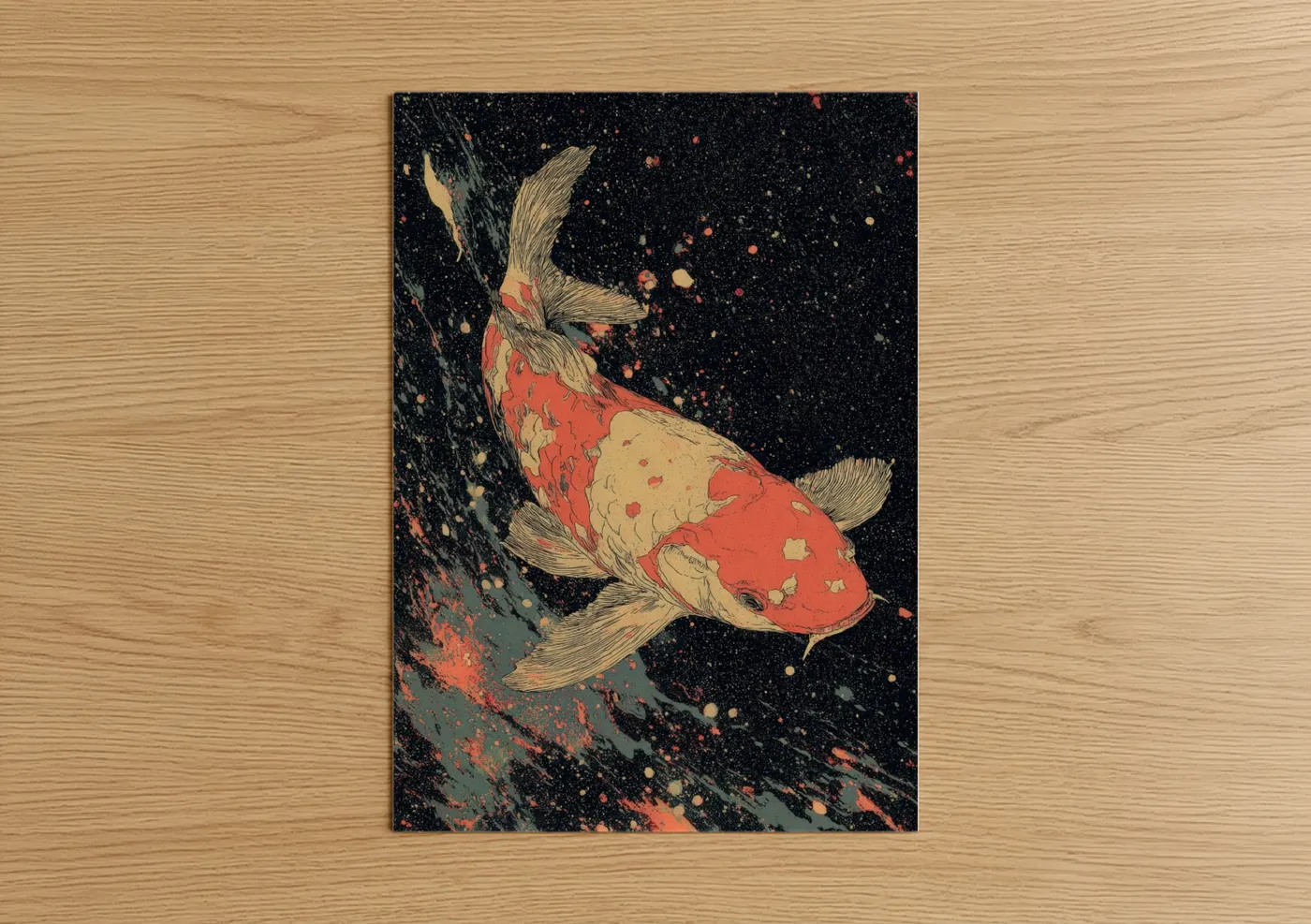 Crimson Koi Fish Cosmic Watercolor Wall Art