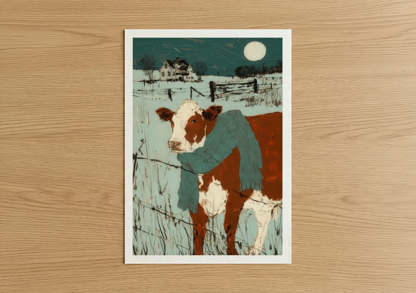Hereford Cow Winter Moonlight Scene Wall Art