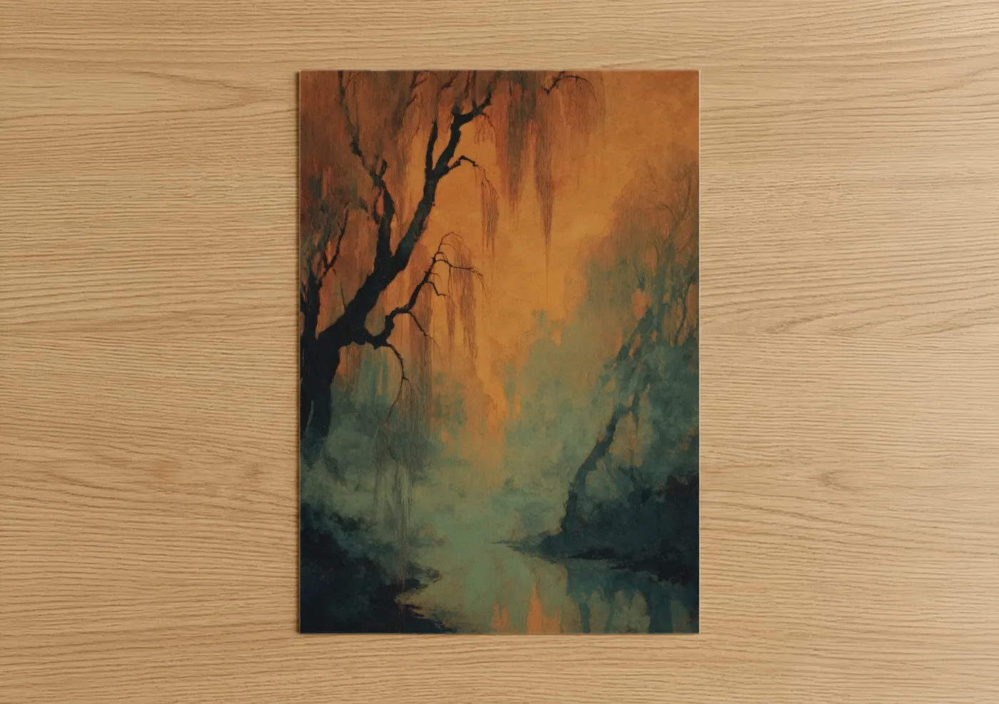 Art print on warm oak wood — gold and sage green palette — Misty Willow Forest poster