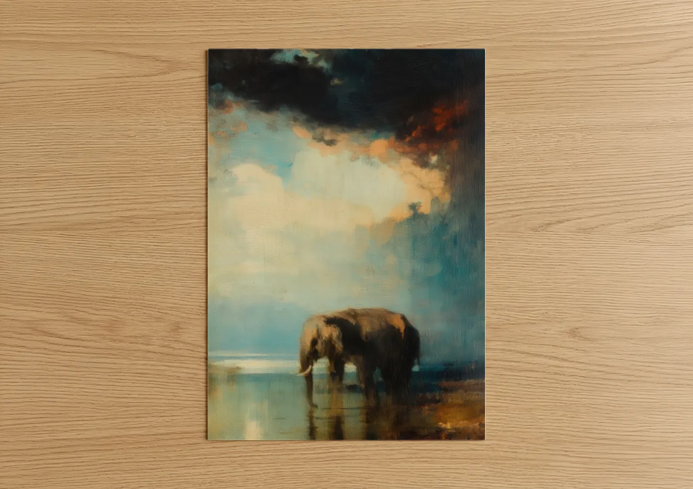 Asian Elephant Stormy Sunset Painting Wall Art