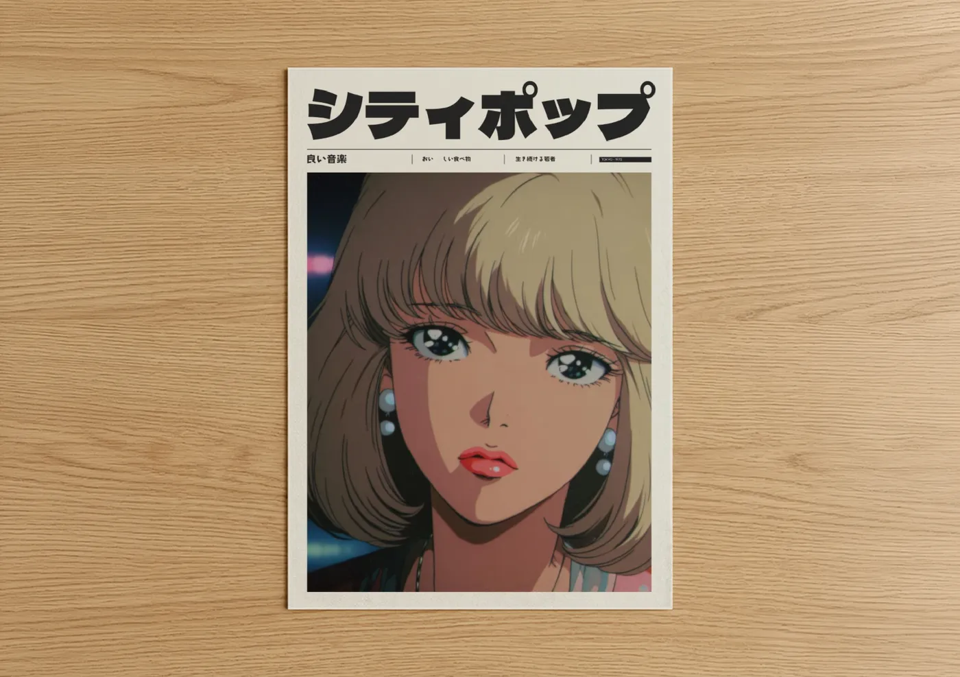 Anime and manga art print on warm oak wood — peach and blue palette — Shibuya Pop Girl poster