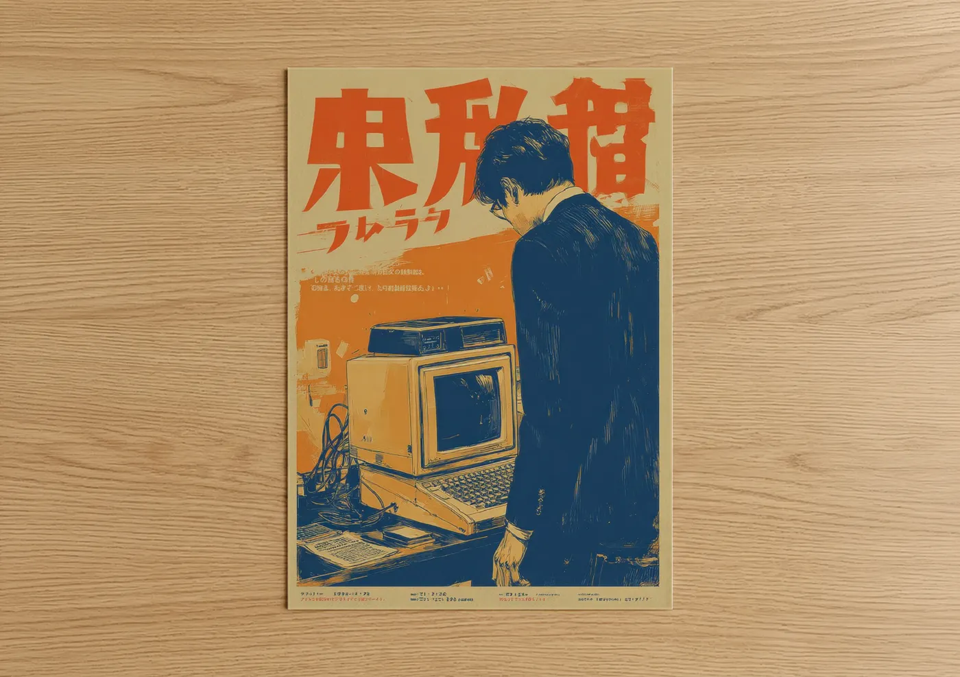 Vintage japanese ads art print on warm oak wood — orange and dark blue palette — Retro Tech Operator poster