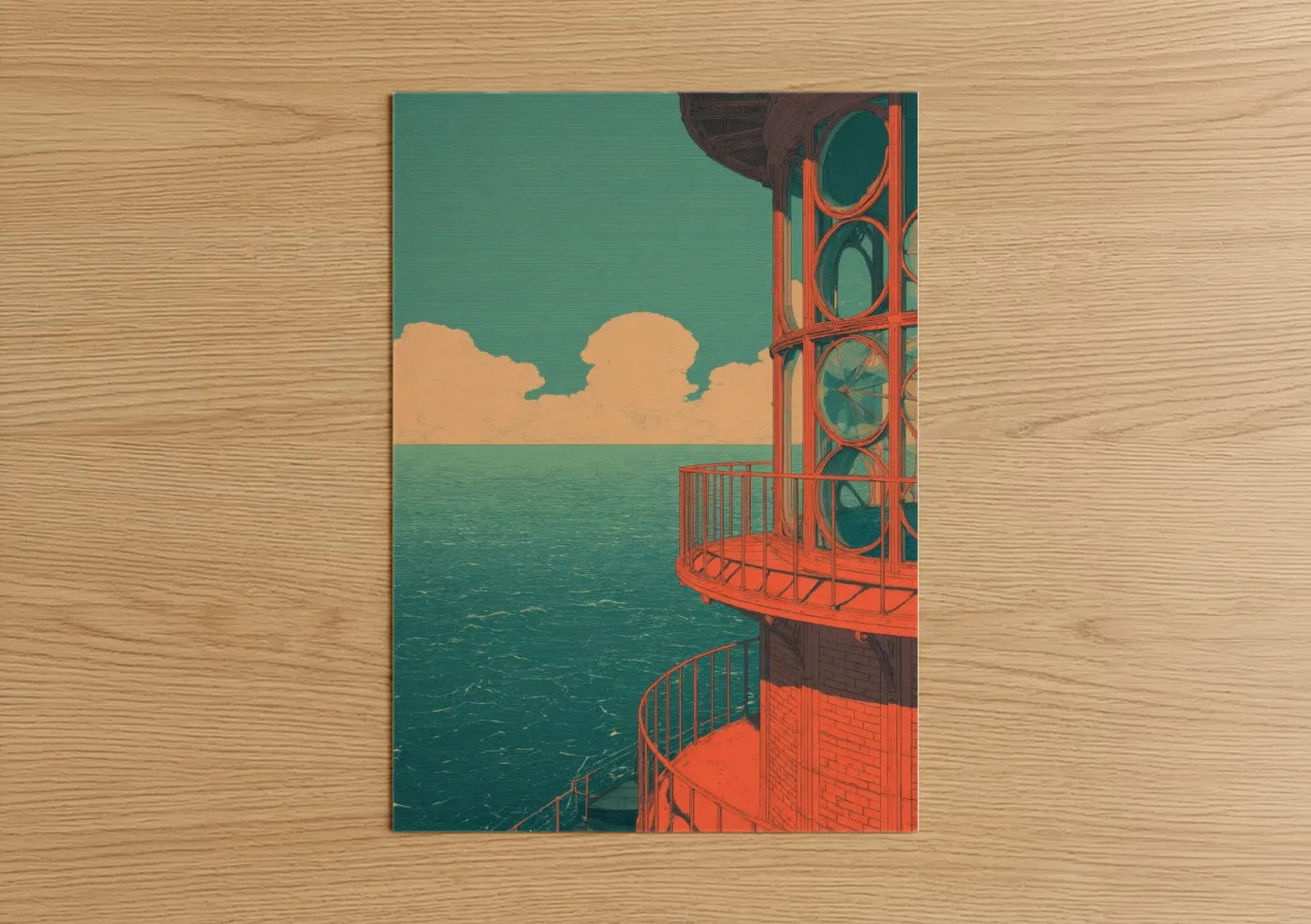 Art print on warm oak wood — teal and orange palette — Coastal Lighthouse Beacon poster