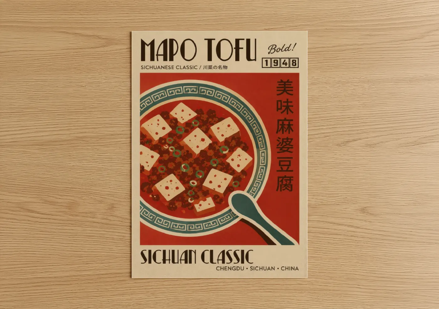 Food art print on warm oak wood — red and beige palette — Mapo Tofu Vintage Poster Wall Art poster