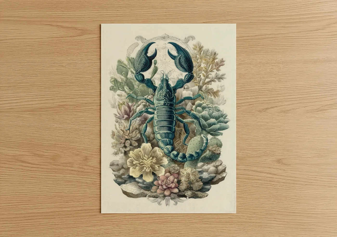 Scorpions art print on warm oak wood — teal and cream palette — Ornate Scorpion poster
