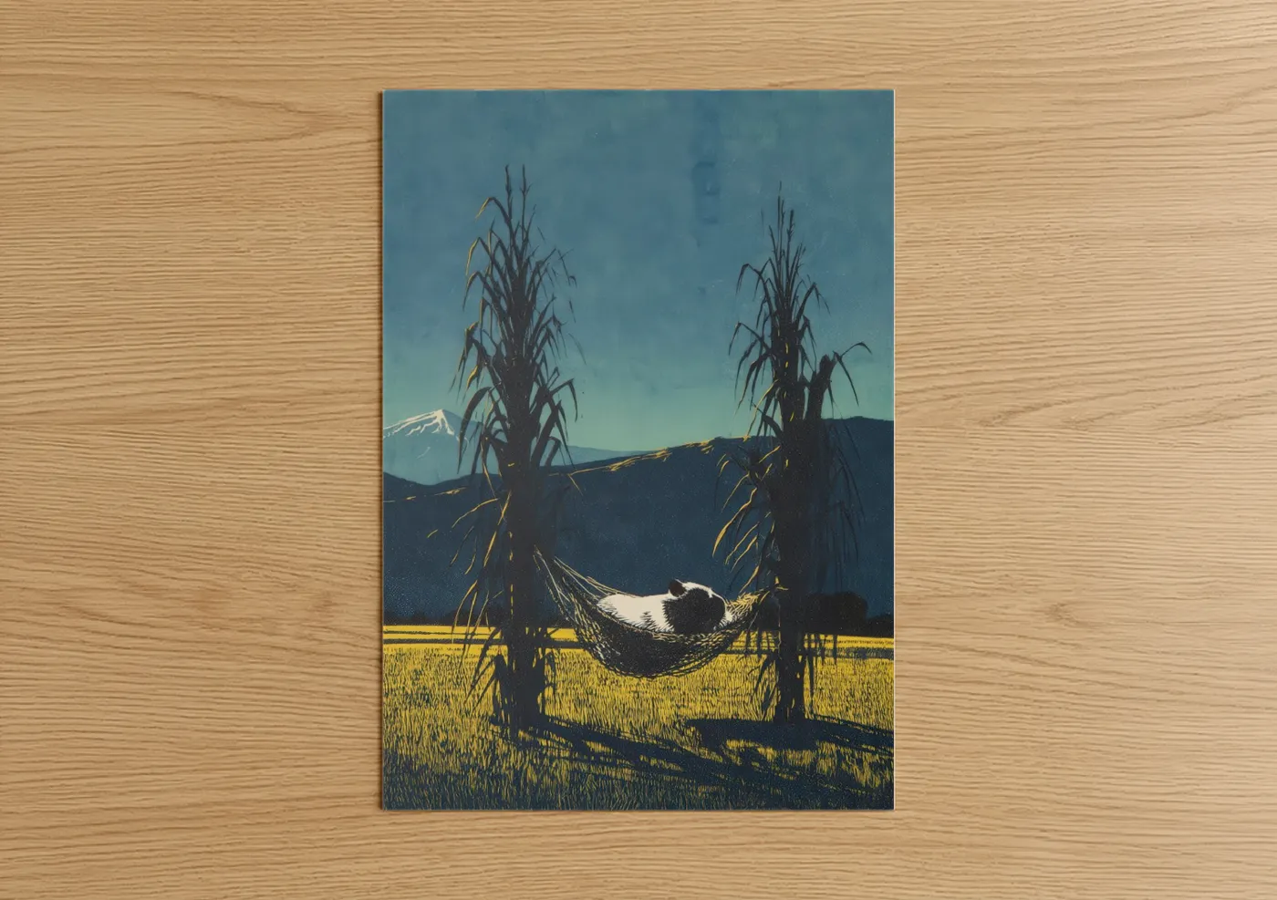 Art print on warm oak wood — blue and gold palette — Mountain Repose Guinea Pig poster