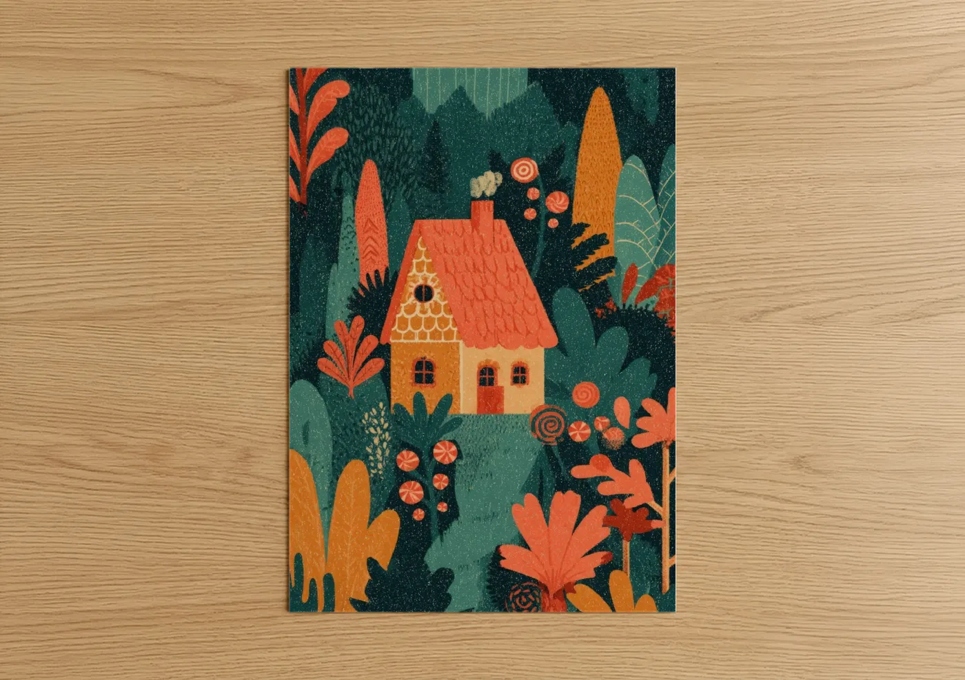 Baking art print on warm oak wood — orange and teal palette — Gingerbread Cottage poster