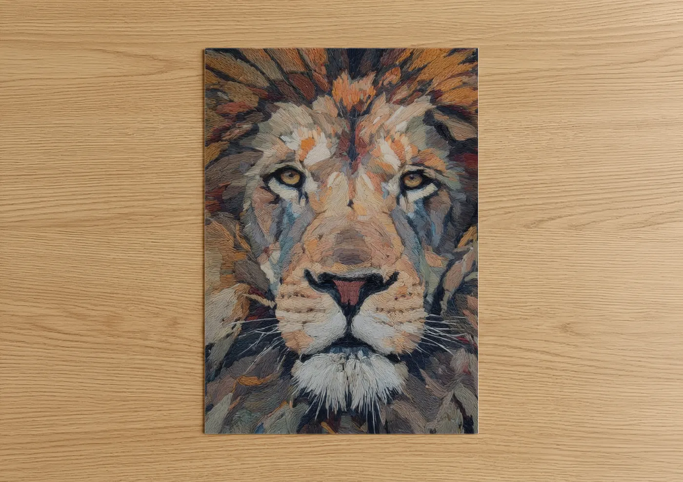 Art print on warm oak wood — gold and russet palette — Golden Lion Portrait poster