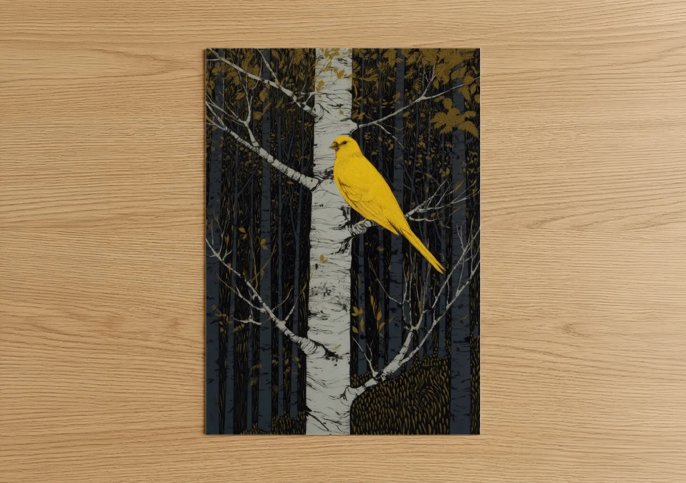 Canaries art print on warm oak wood — yellow gold and black and white palette — Golden Birch Canary poster