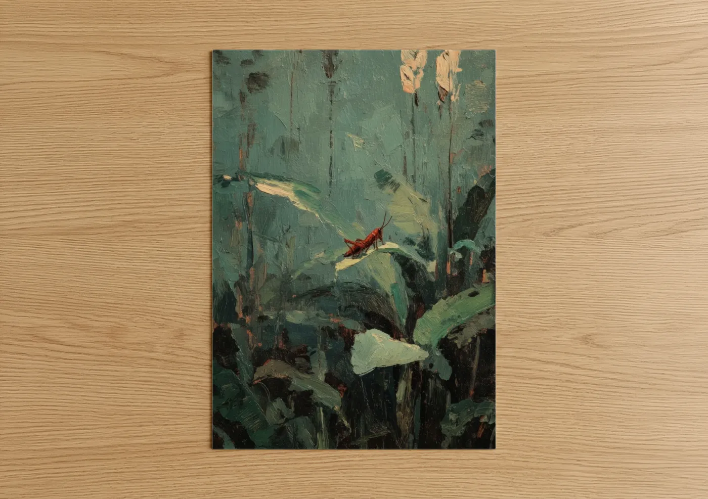 Art print on warm oak wood — sage green and dark green palette — Garden Grasshopper poster