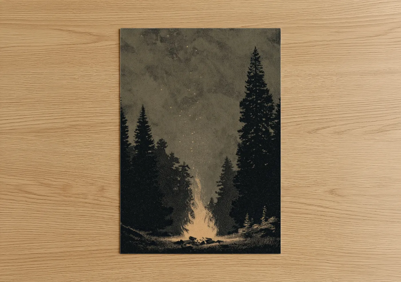Starlit Campfire Forest Night Scene Wall Art