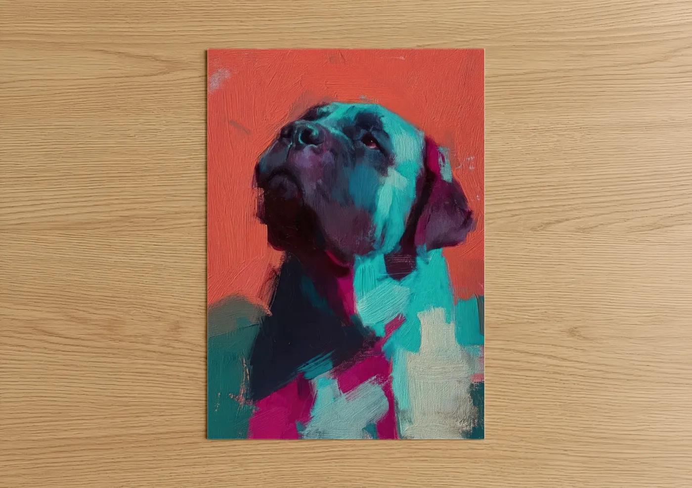 Art print on warm oak wood — magenta and turquoise palette — Colorful Mastiff poster