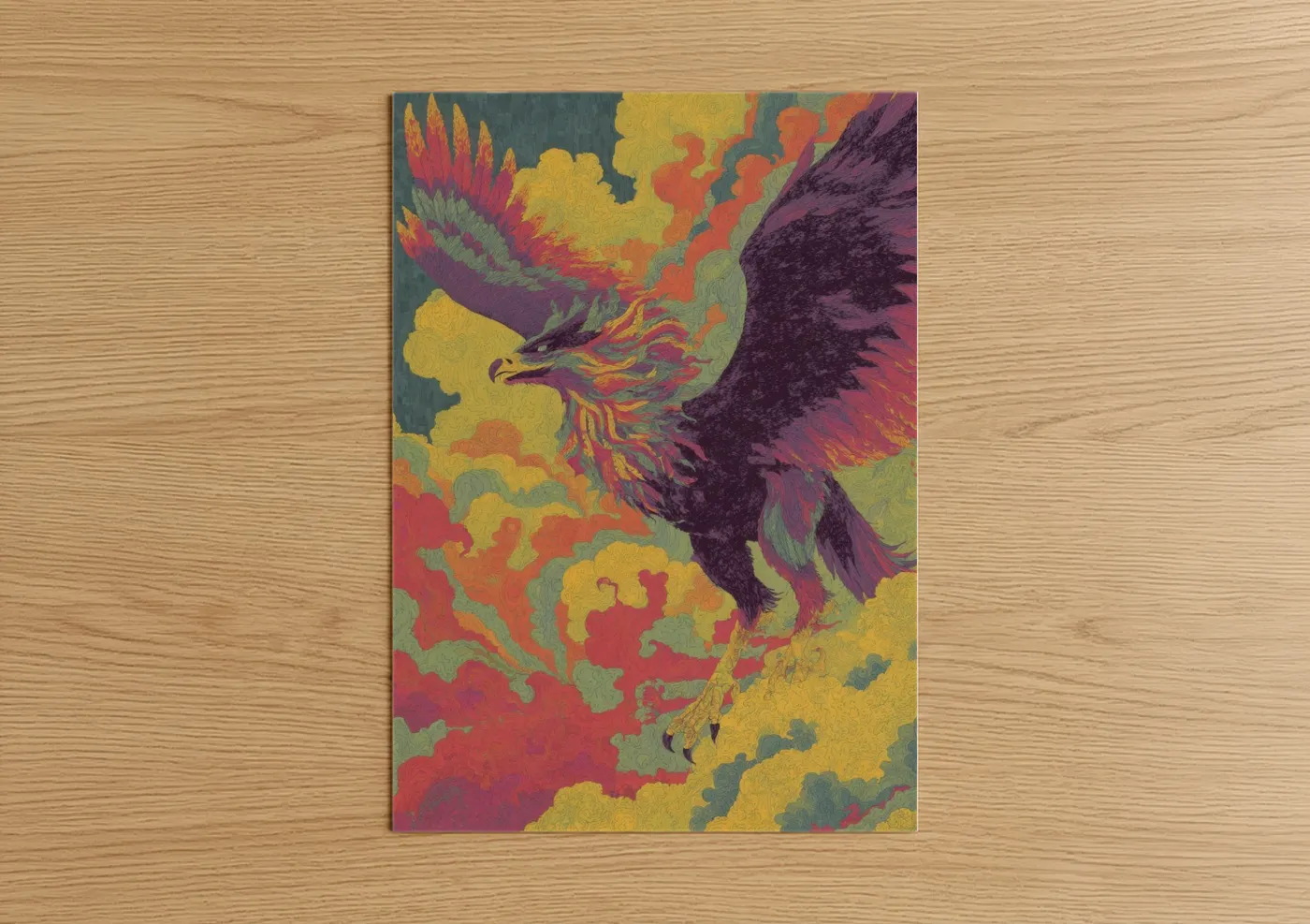Art print on warm oak wood — yellow gold and red palette — Mythical Fire Griffin poster
