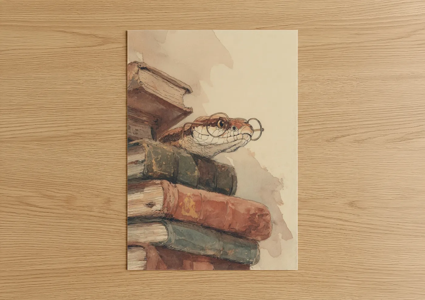 Art print on warm oak wood — beige palette — Scholarly Viper poster
