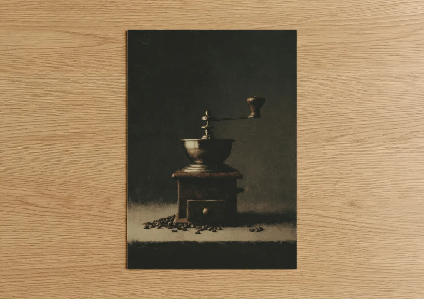 Kitchen utensils art print on warm oak wood — espresso and gold palette — Vintage Coffee Grinder poster