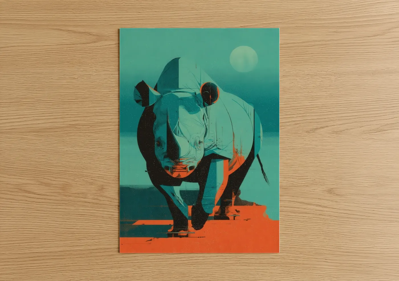 Art print on warm oak wood — teal and orange palette — Geometric Rhino poster