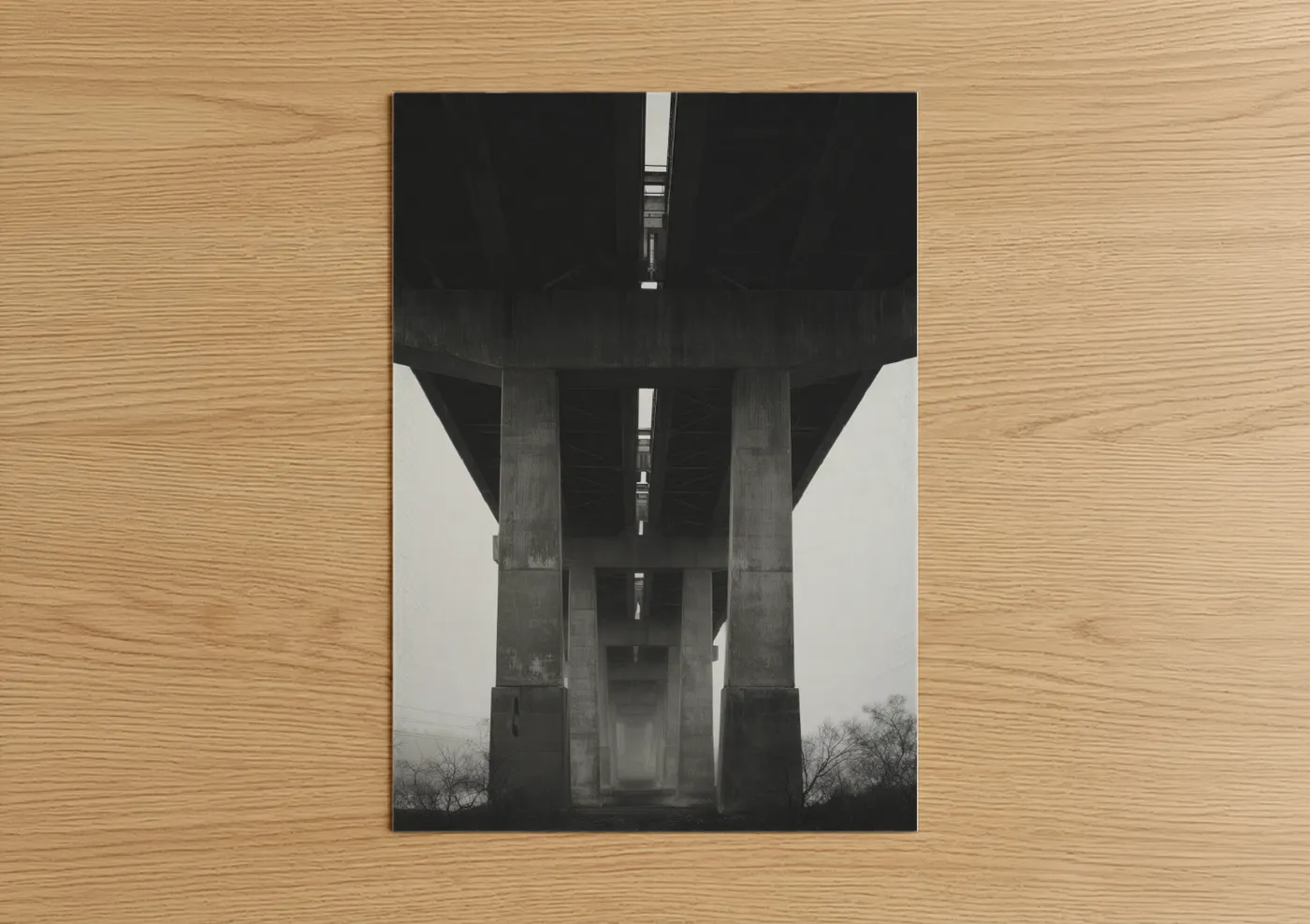 Road and highways art print on warm oak wood — black and white and gray palette — Concrete Underpass poster