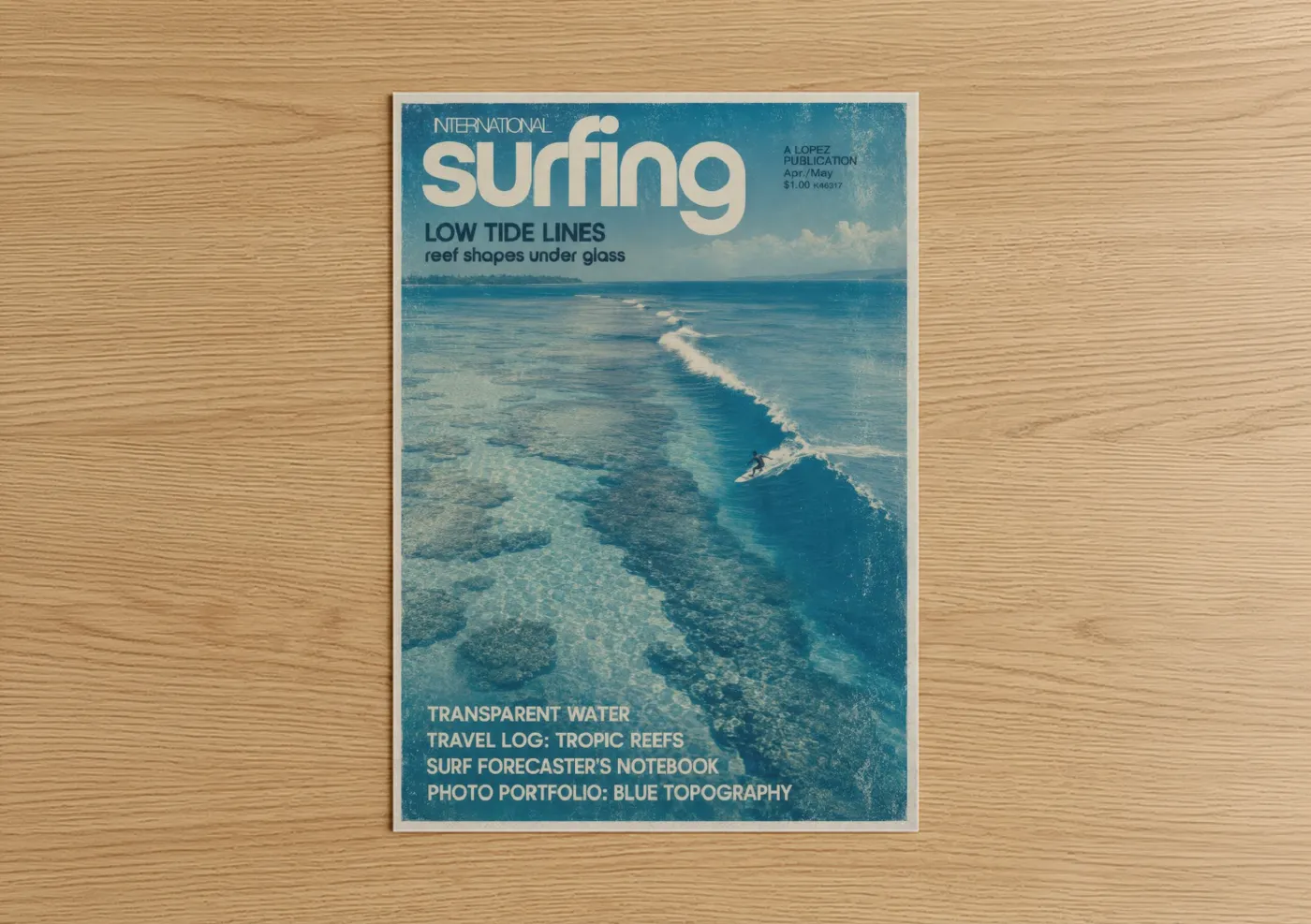 Art print on warm oak wood — blue and turquoise palette — Vintage Surfing Magazine Ocean Wave Wall Art poster