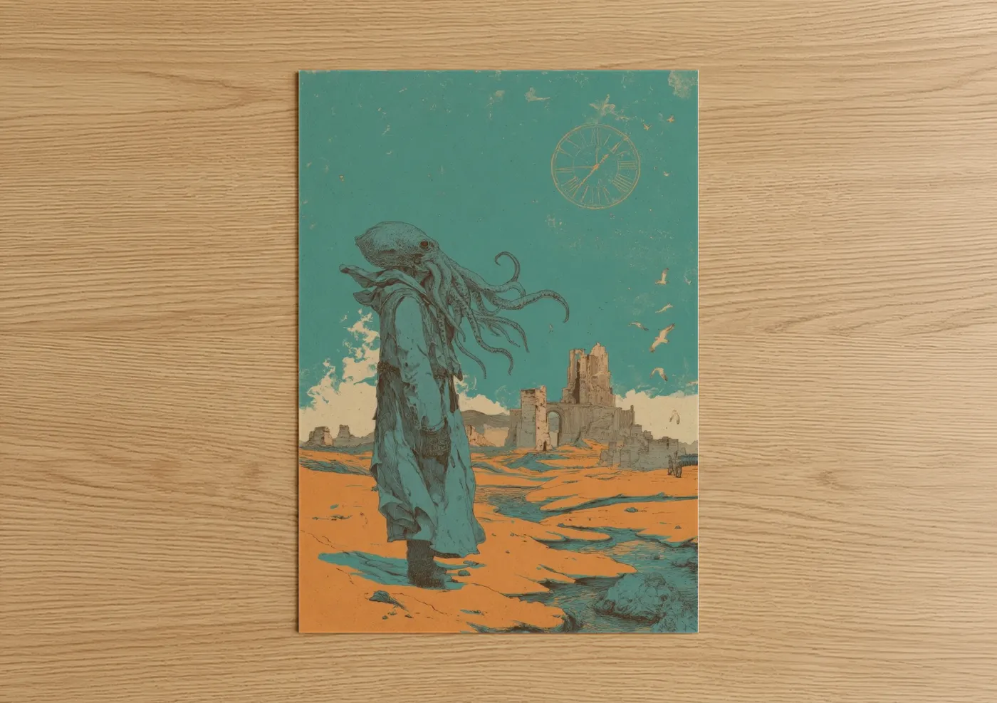 Art print on warm oak wood — teal and orange palette — Desert Cthulhu poster