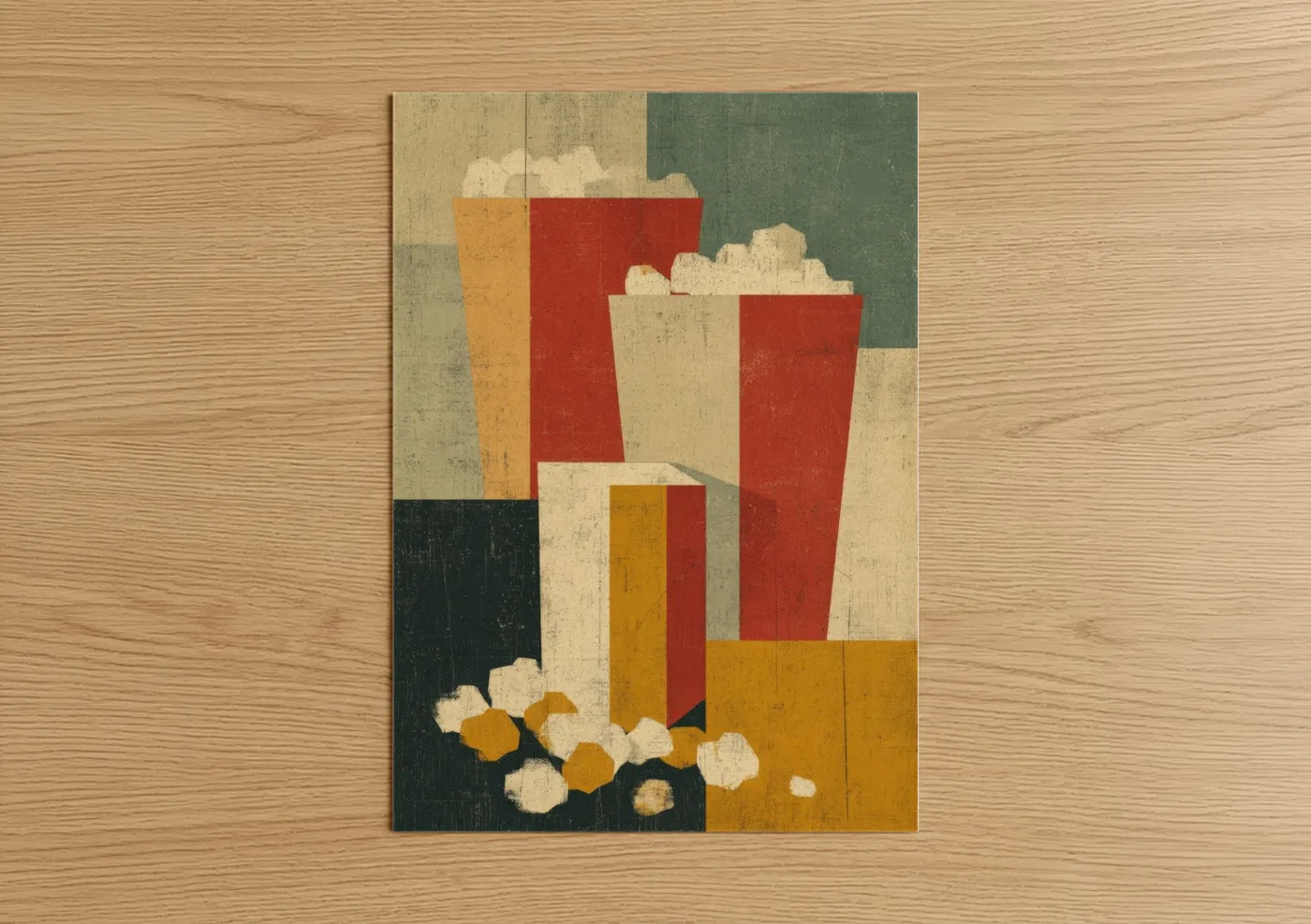Art print on warm oak wood — red and gold palette — Retro Popcorn Stack poster