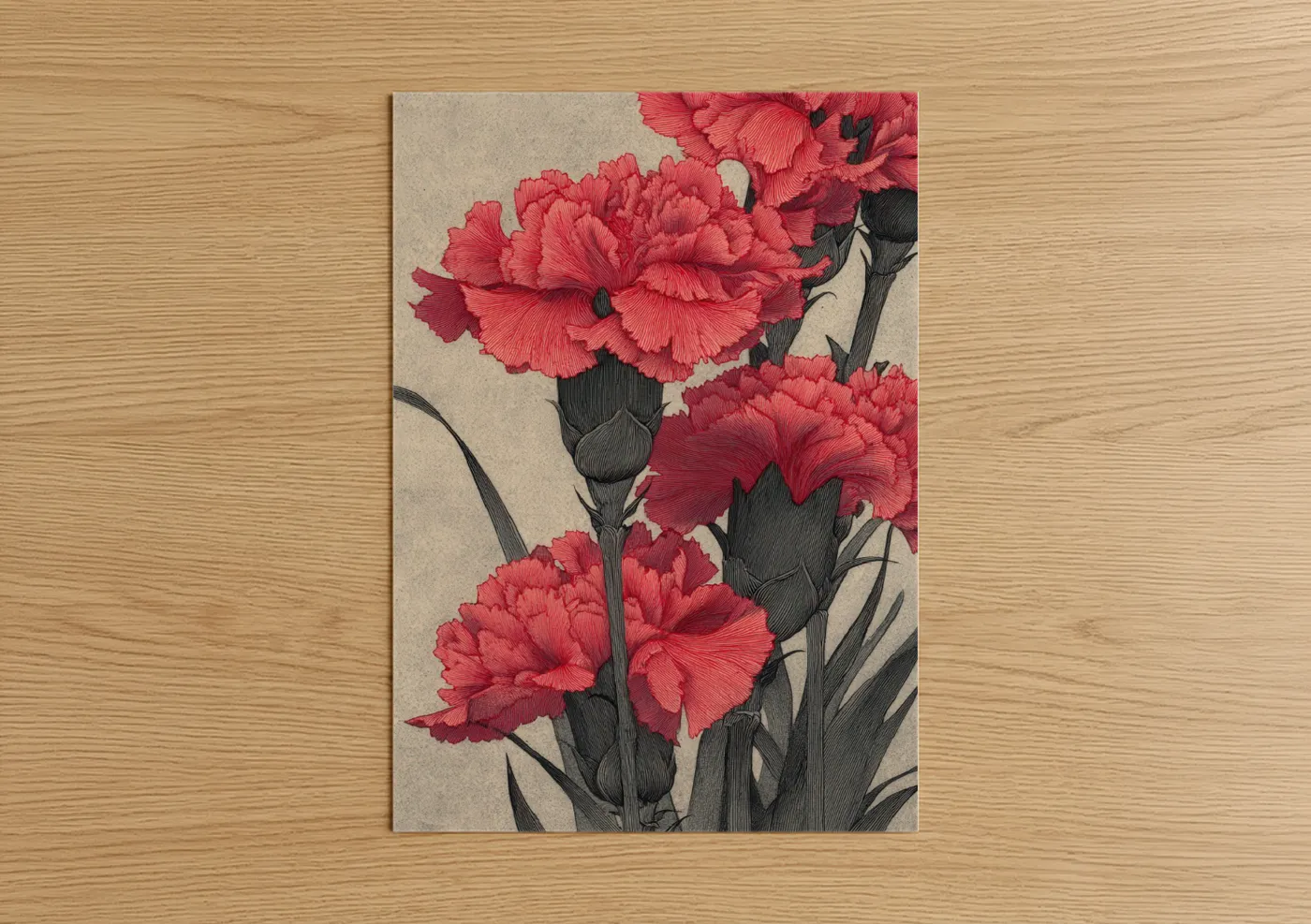 Crimson Carnations Botanical Illustration Wall Art