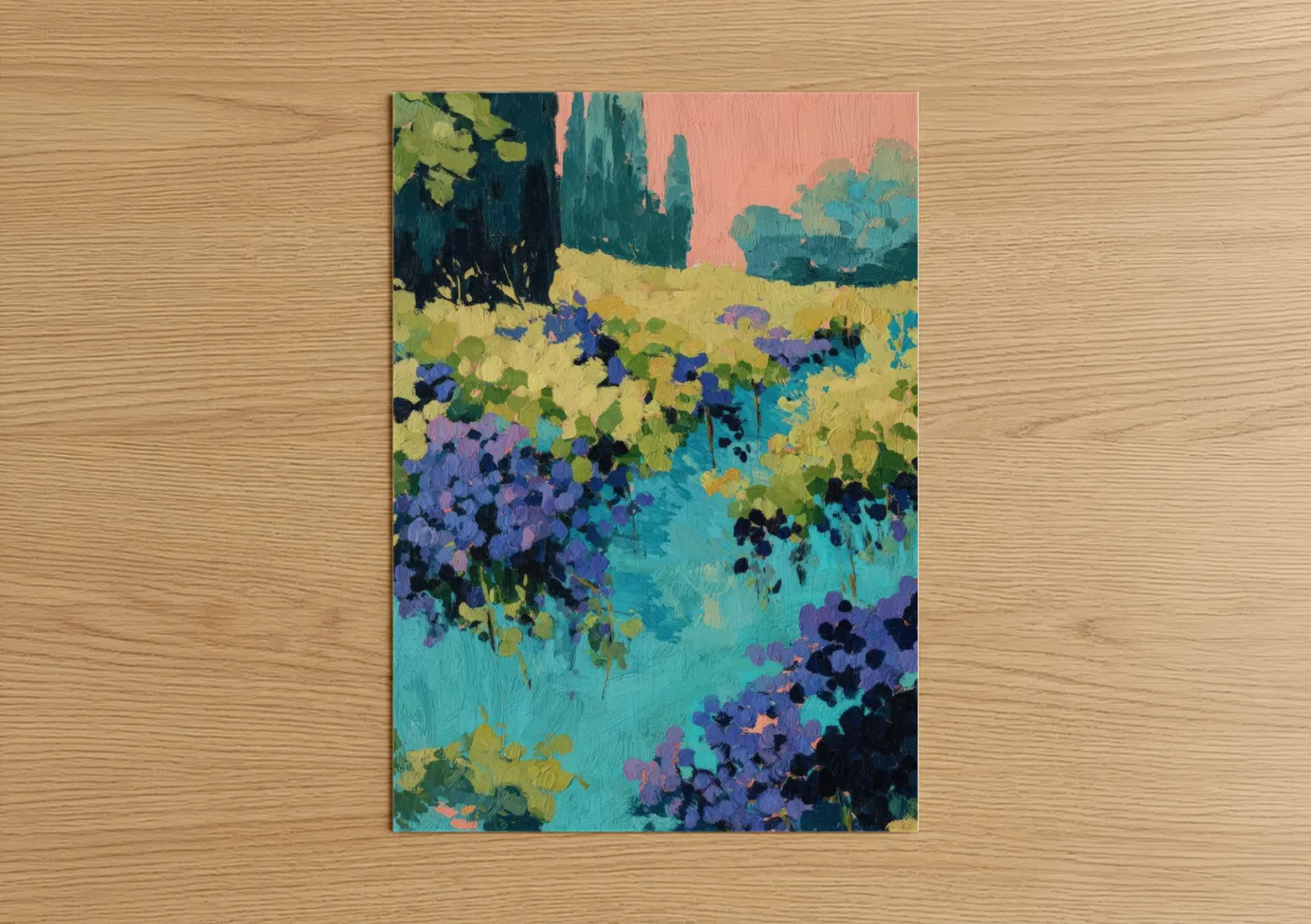 Vineyards art print on warm oak wood — purple and teal palette — Purple Vineyard Landscape poster