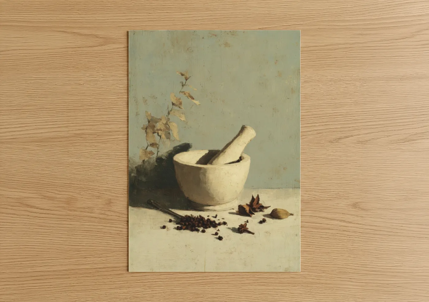 Herbs and spices art print on warm oak wood — sage green and cream palette — Mortar Herbs Study poster
