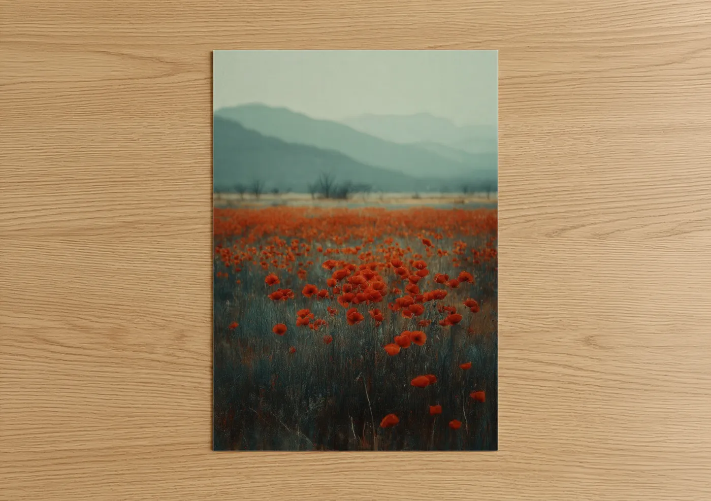 Misty Poppy Field Mountain Landscape Wall Art