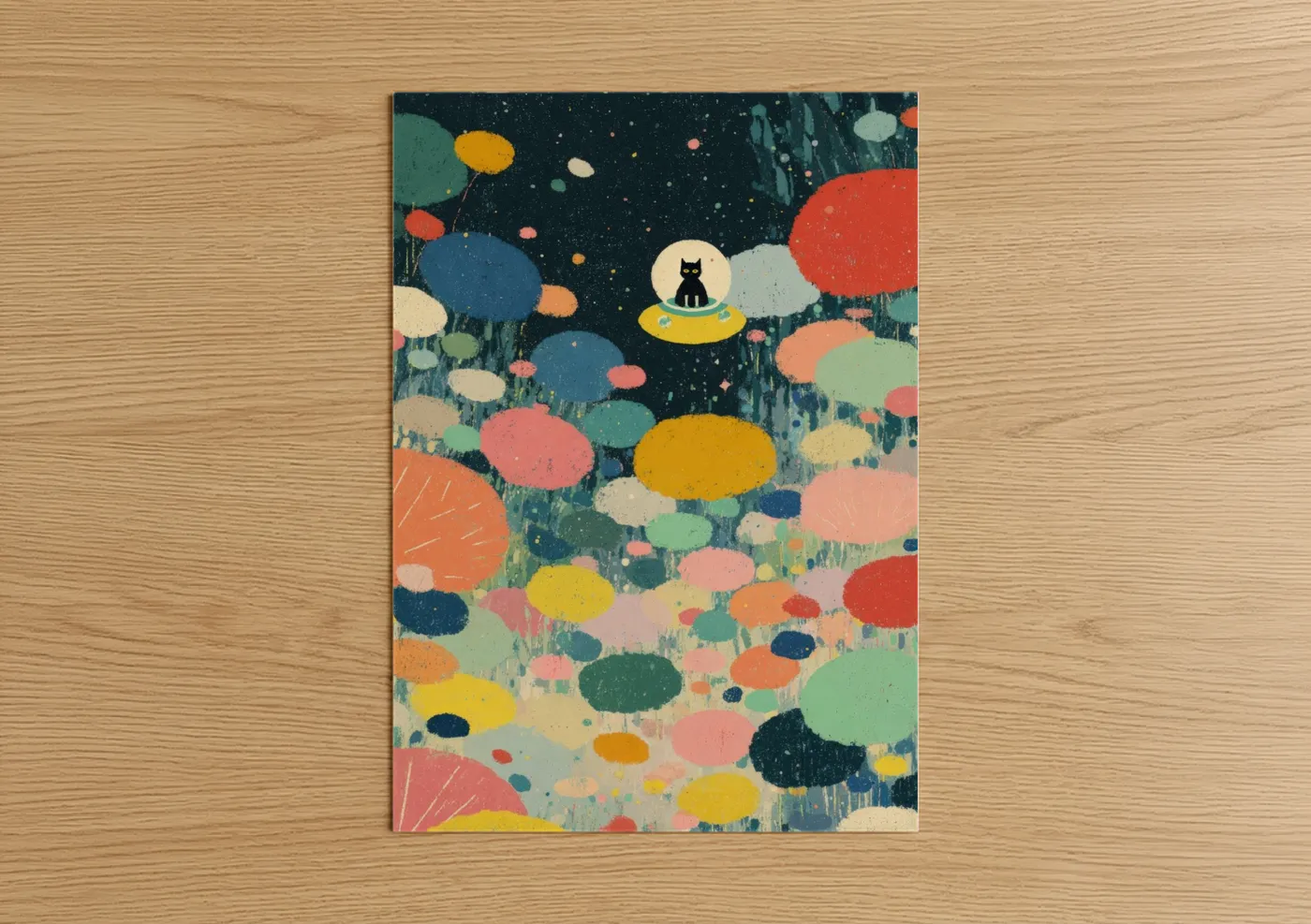 Space art print on warm oak wood — teal and orange palette — Cosmic Cat Adventure poster