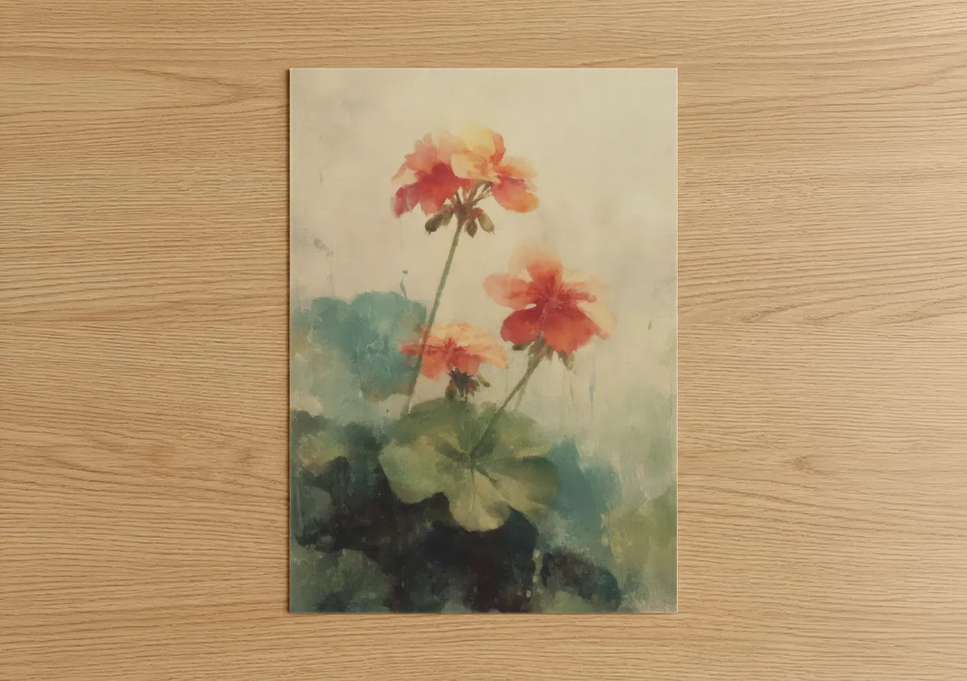 Coral Geranium Watercolor Painting Wall Art