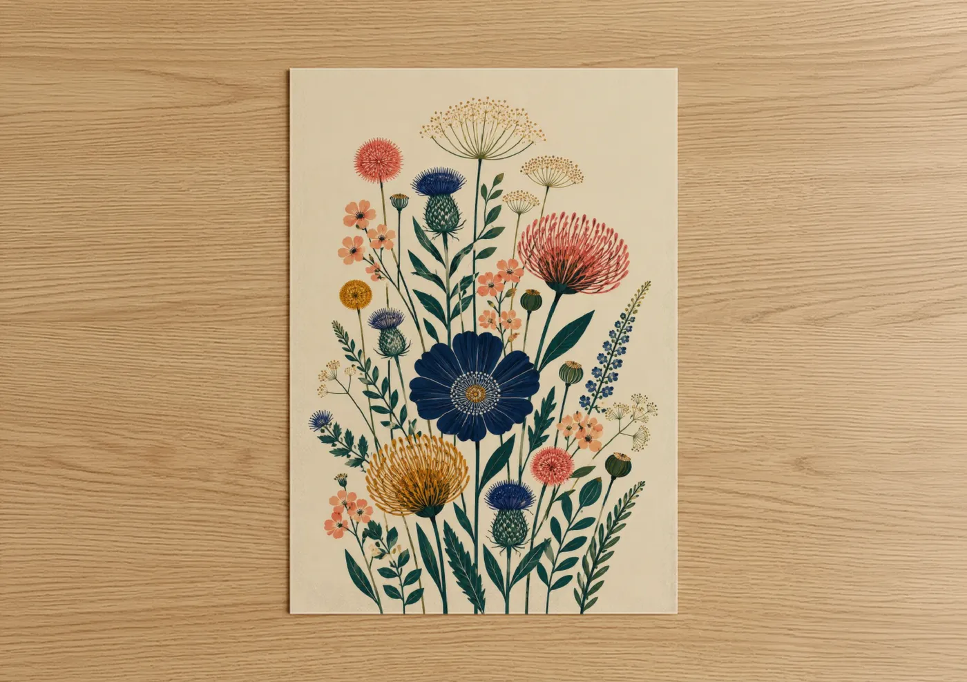 Art print on warm oak wood — beige and blue palette — Botanical Garden Meadow Flowers Wall Art poster