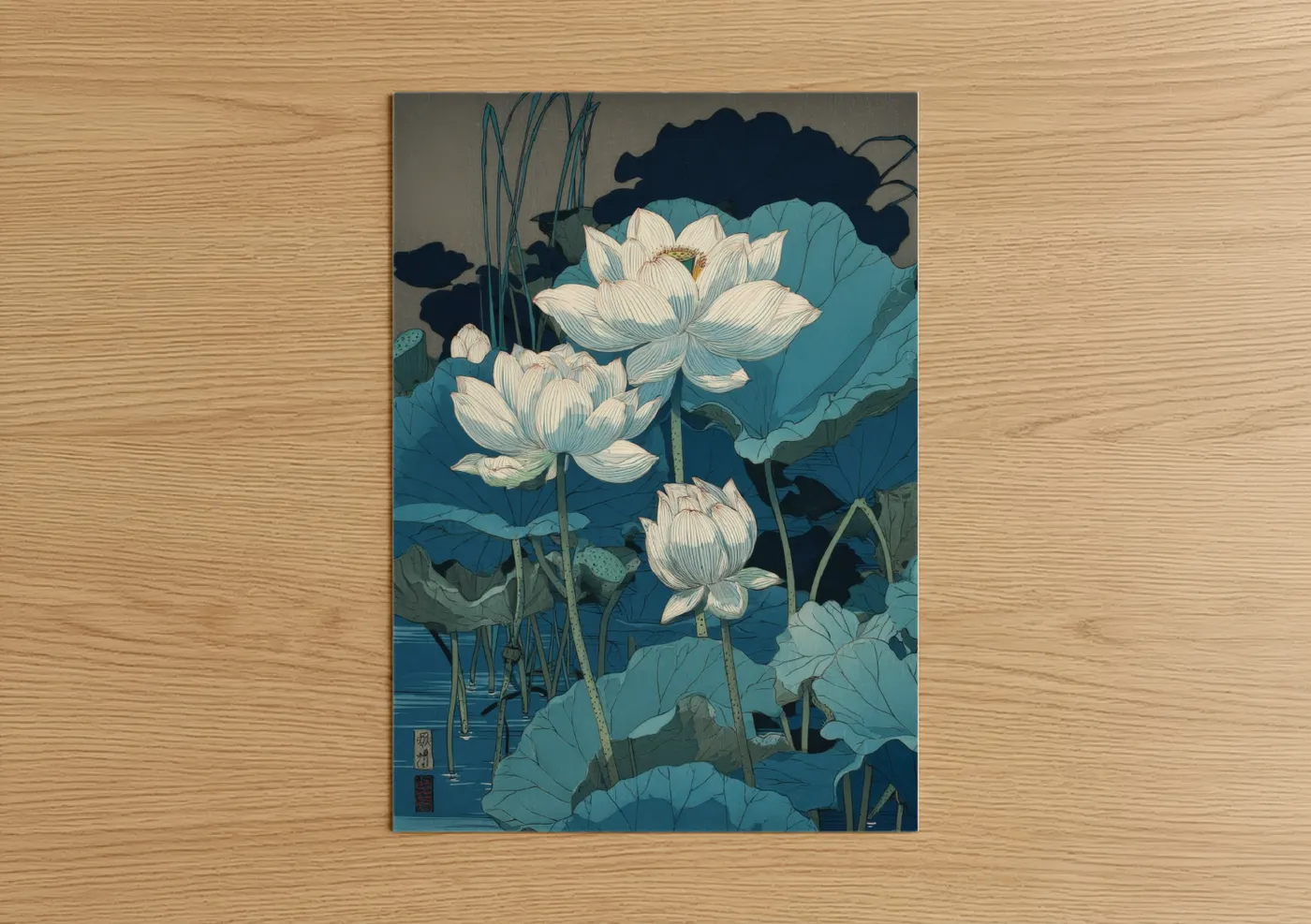 Art print on warm oak wood — teal and cream palette — White Lotus Pond poster