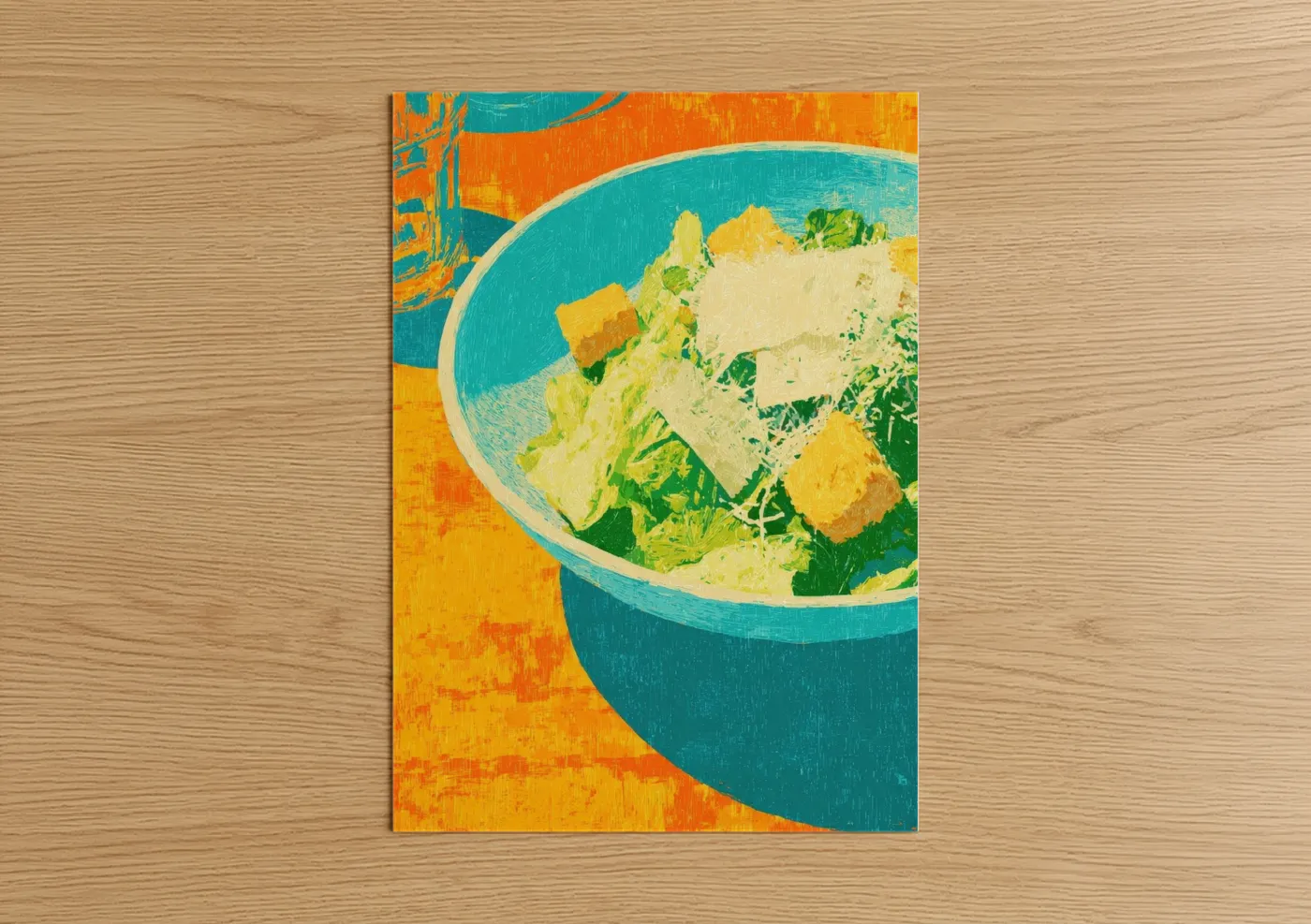 Poultry art print on warm oak wood — orange and teal palette — Vibrant Salad Bowl poster