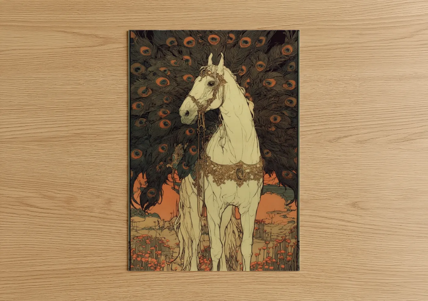 Art print on warm oak wood — gold and cream palette — Ornate Arabian Horse poster