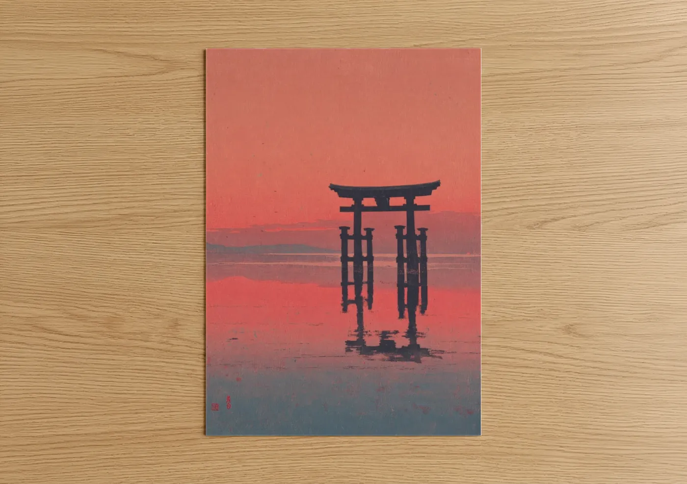 Art print on warm oak wood — salmon pink and dark blue palette — Crimson Torii Gate poster