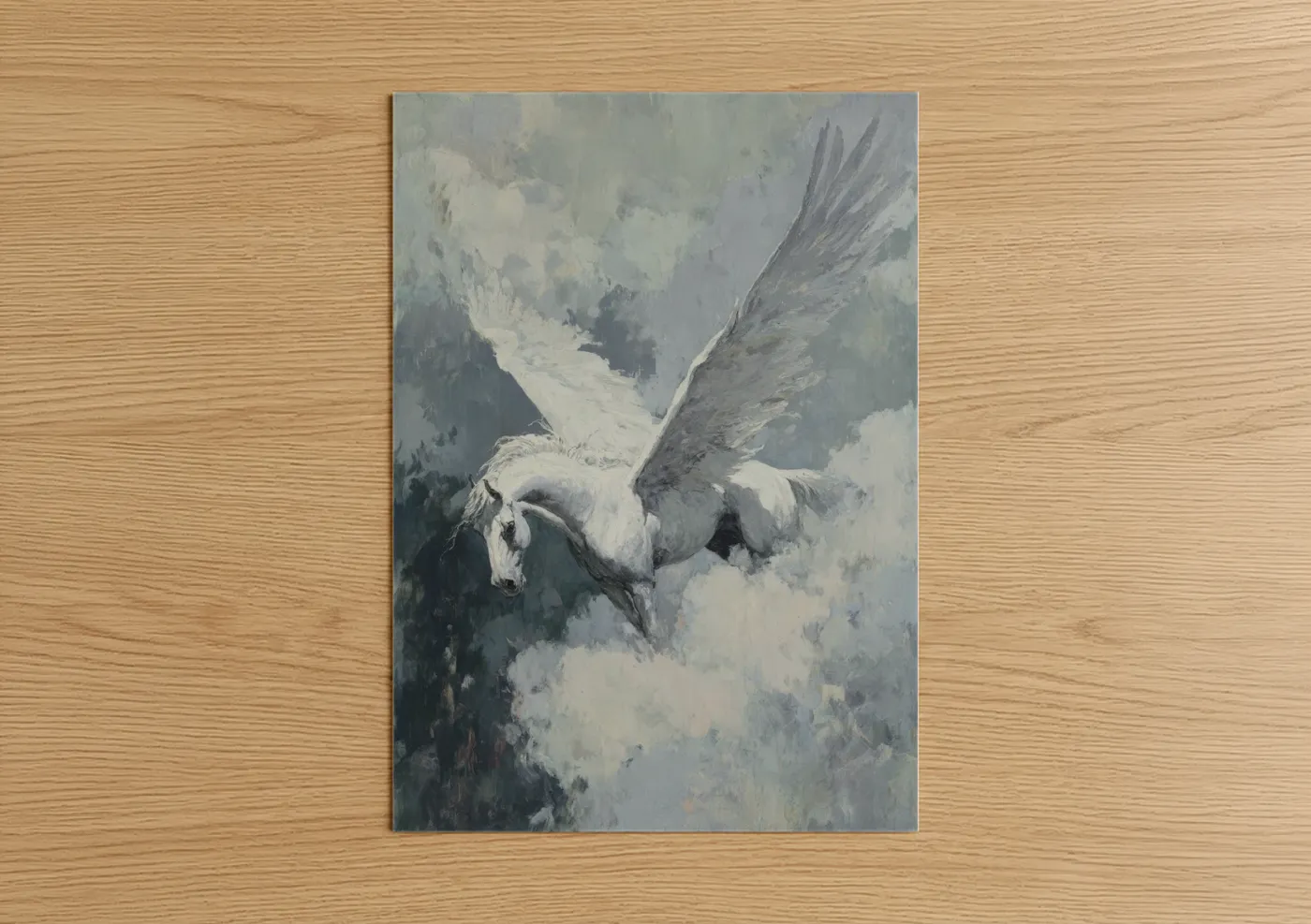 Art print on warm oak wood — white and gray palette — Celestial Pegasus poster