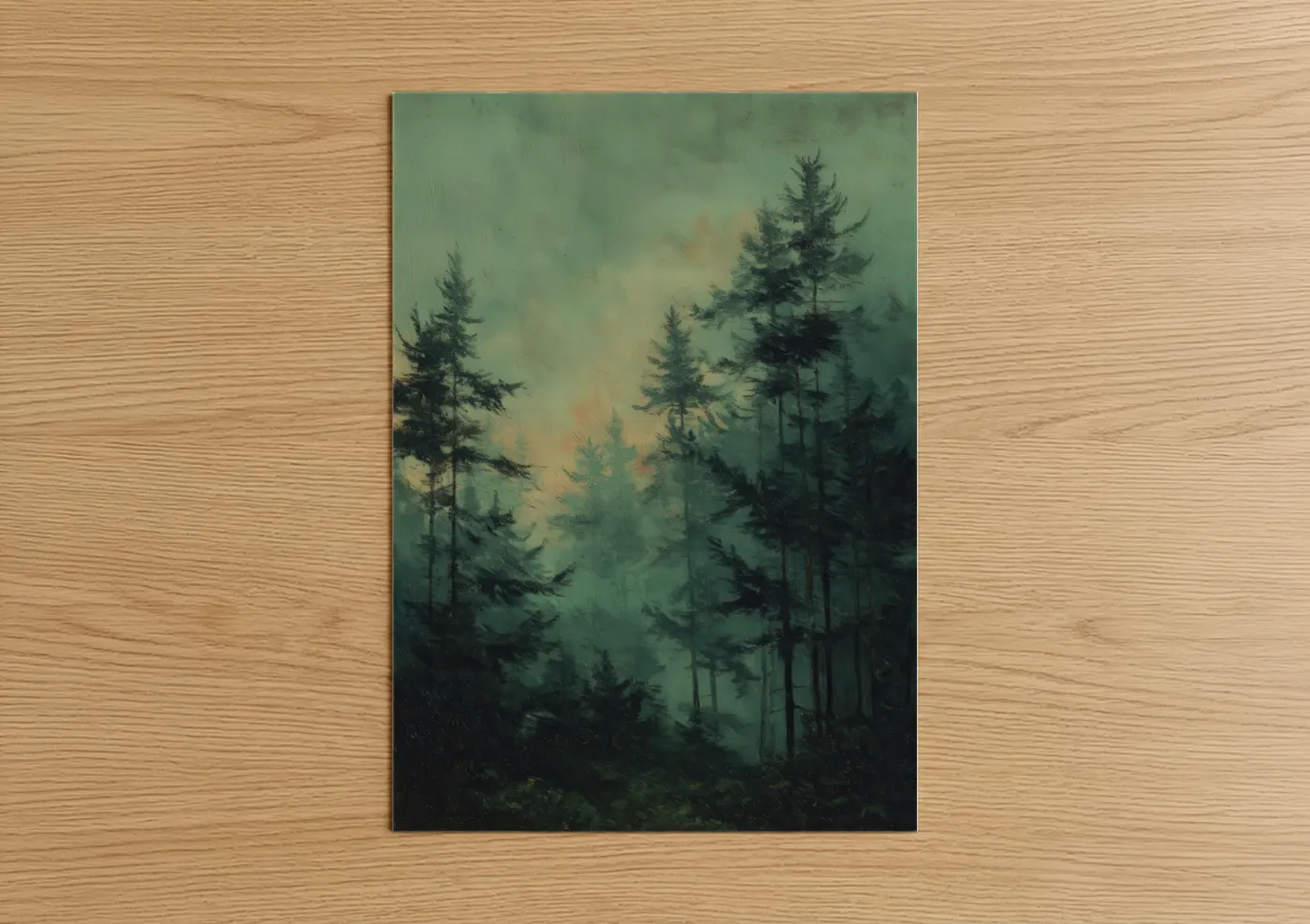 Art print on warm oak wood — sage green and cream palette — Misty Cedar Forest poster