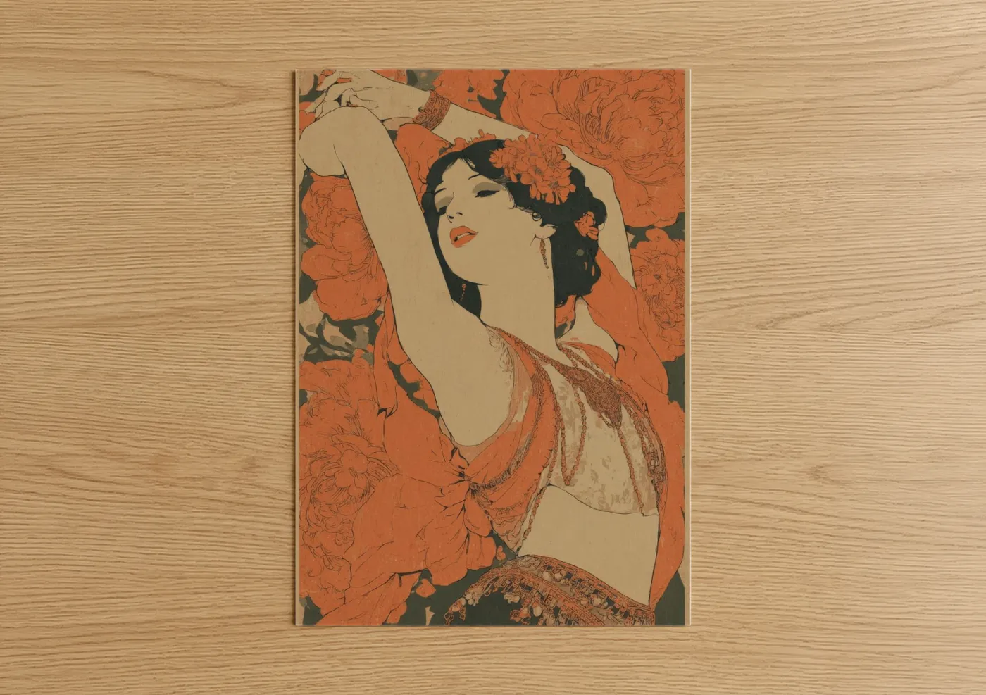 Art print on warm oak wood — russet and cream palette — Crimson Belly Dancer poster