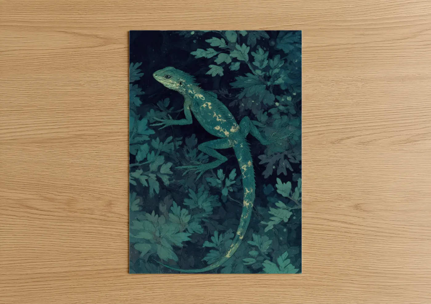 Art print on warm oak wood — teal and gold palette — Emerald Basilisk poster