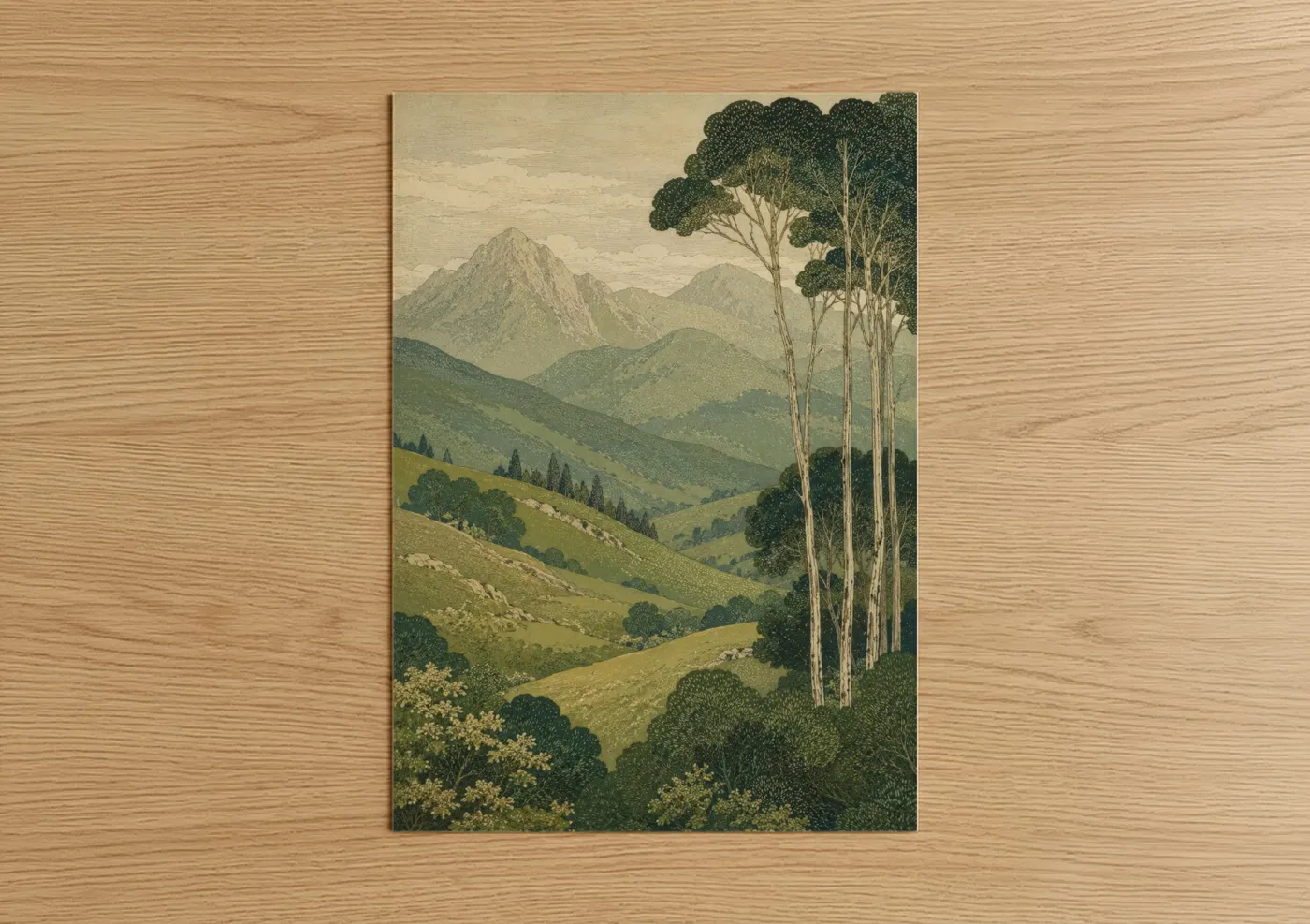 Mountain art print on warm oak wood — true green and beige palette — Alpine Valley Landscape Wall Art poster
