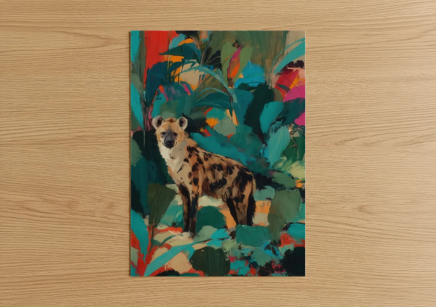 Art print on warm oak wood — teal and orange palette — Vibrant Hyena Portrait poster