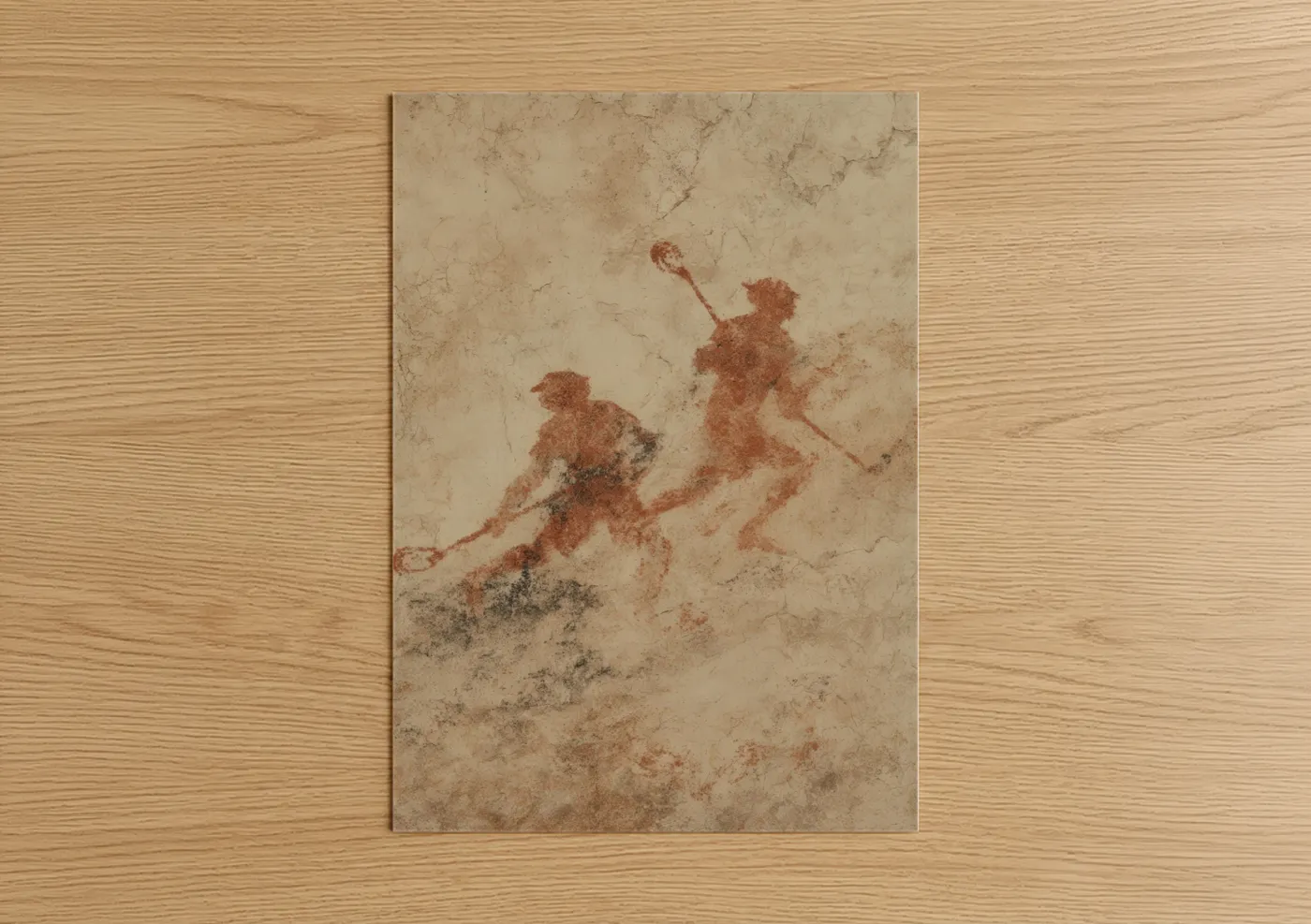 Art print on warm oak wood — russet and beige palette — Ancient Lacrosse poster