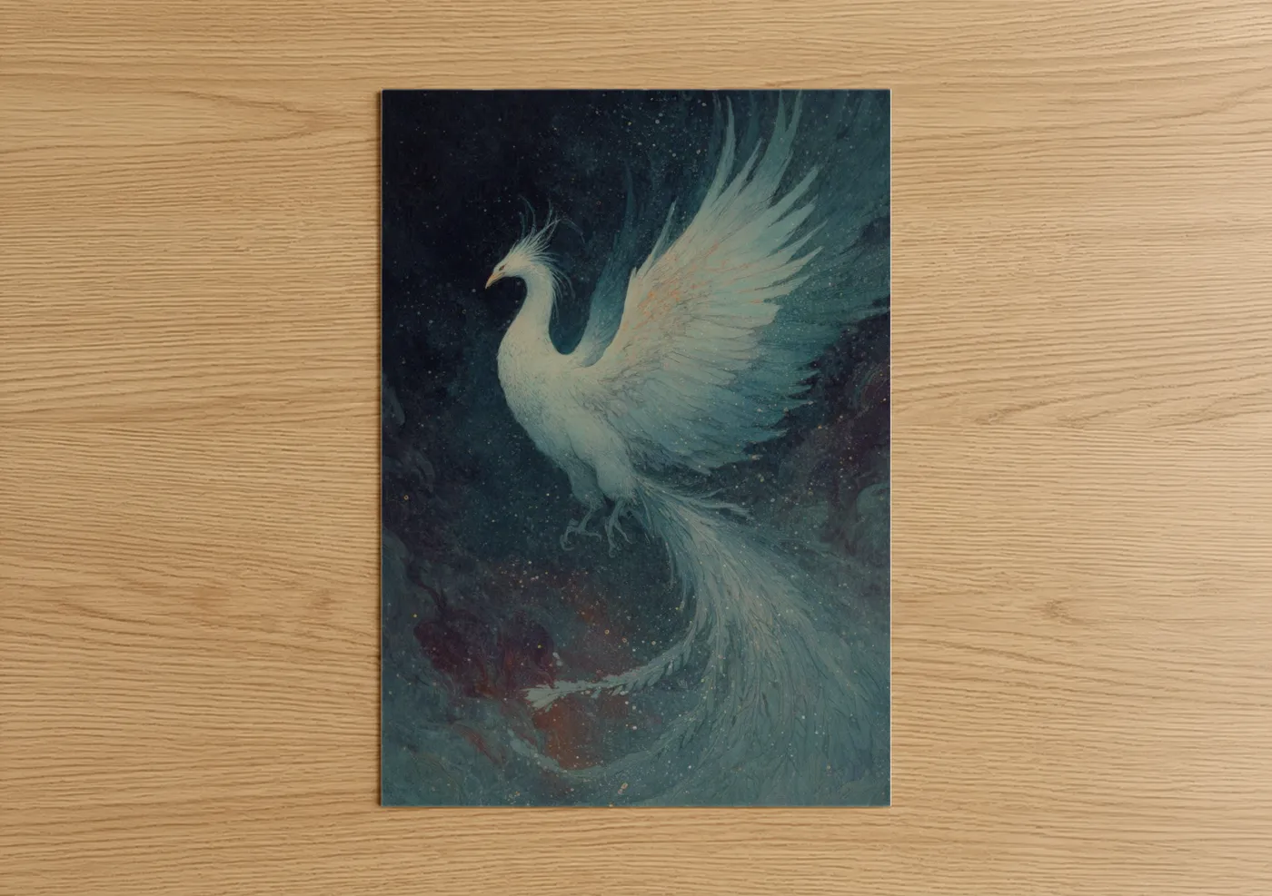 Art print on warm oak wood — teal and gold palette — Celestial Phoenix poster
