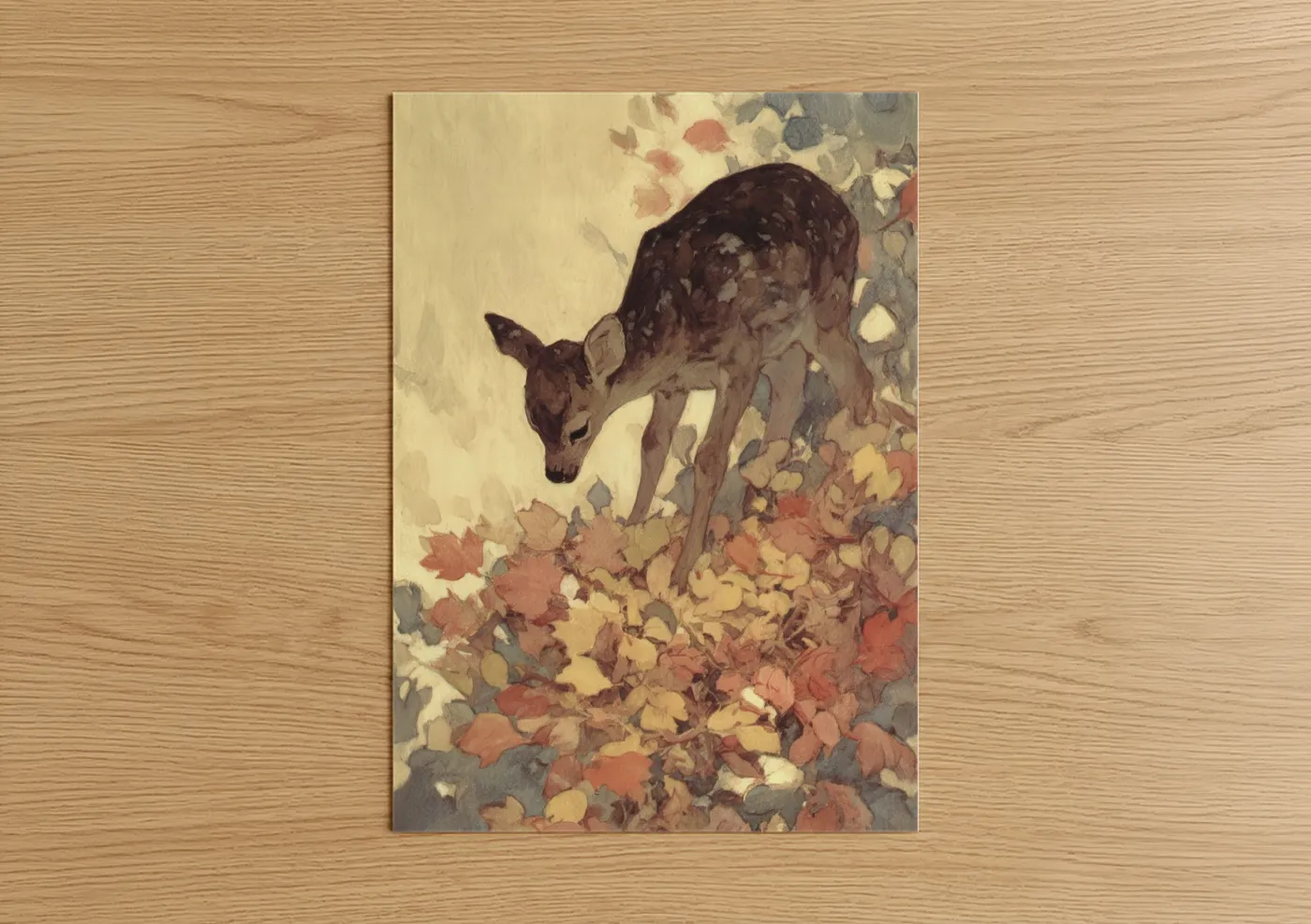 Art print on warm oak wood — russet and cream palette — Autumn Reindeer poster