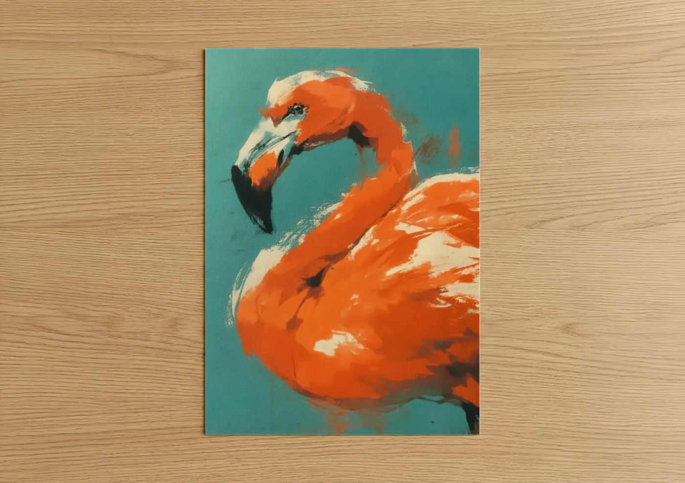 Art print on warm oak wood — orange and teal palette — Tropical Flamingo poster