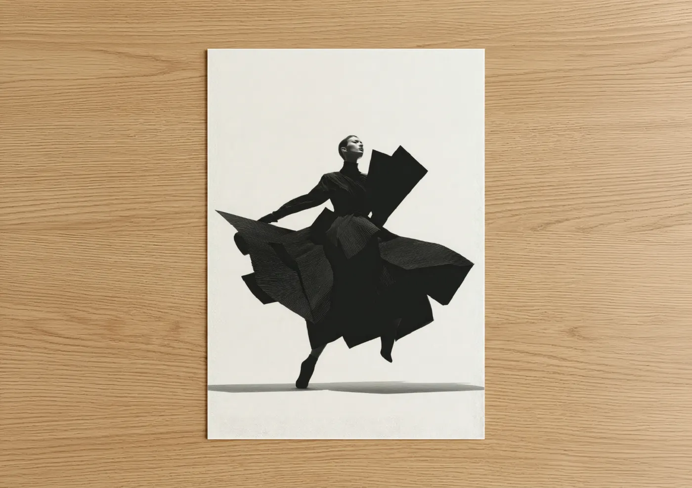 Modern dance art print on warm oak wood — black and white palette — Geometric Dancer poster