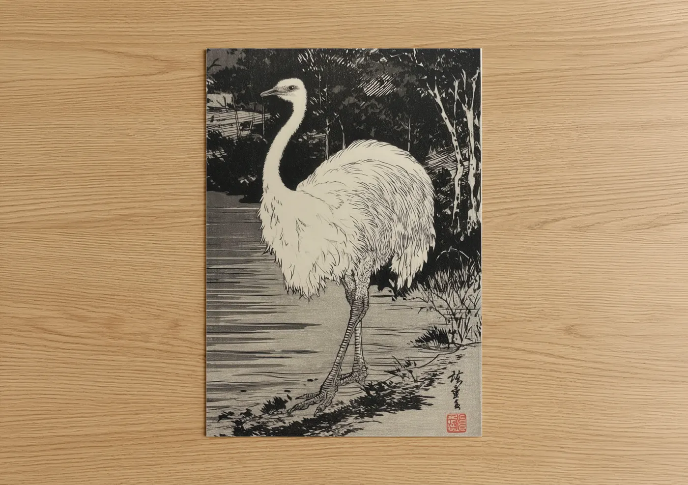 Elegant Ostrich Lakeside Wildlife Wall Art