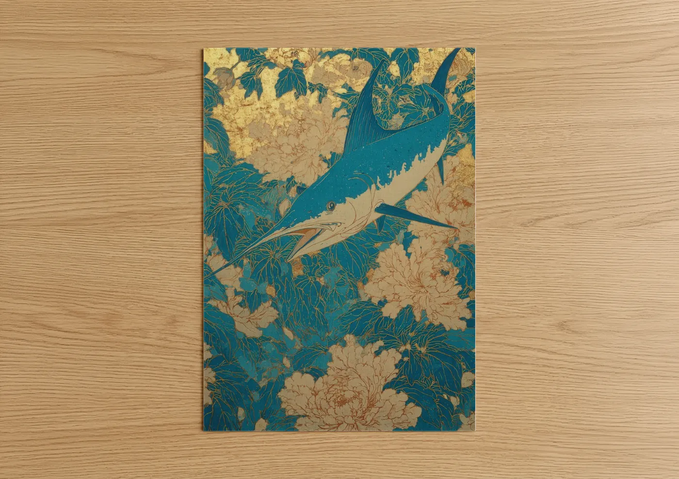 Art print on warm oak wood — gold and teal palette — Golden Marlin poster